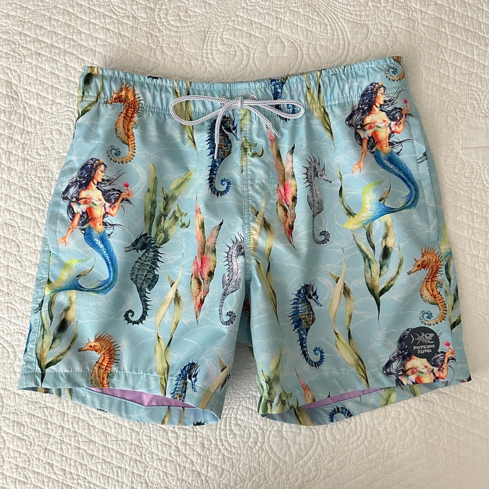 Psycho Tuna The Sea Queen Mermaid Seahorse Print Swim Shorts Men’s Size M